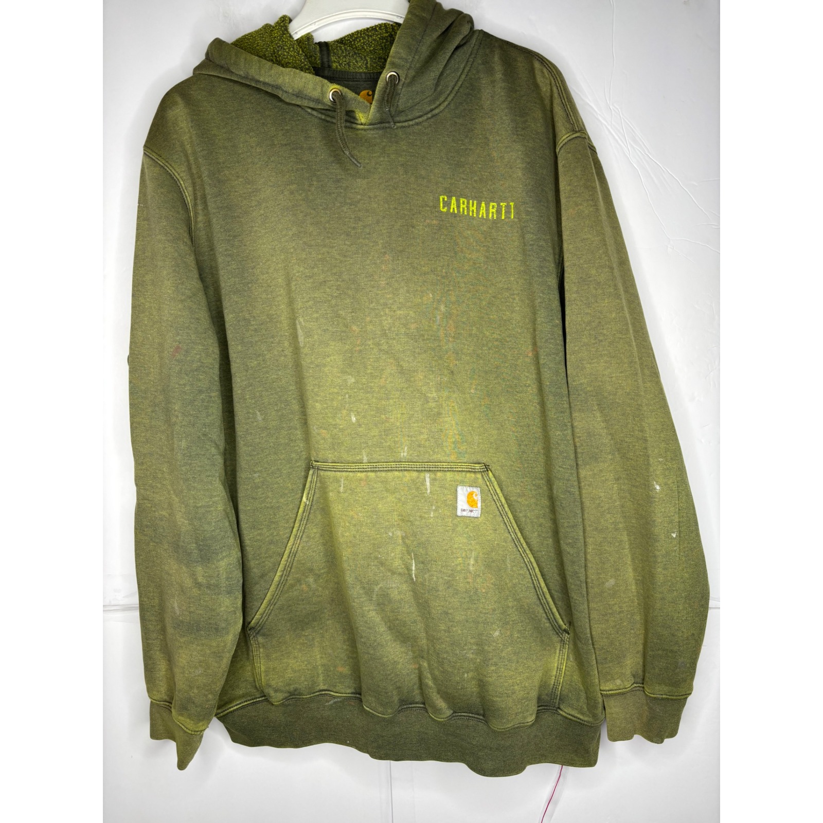 Carhartt Mens Distressed Thermal Lined Hoodie Olive Green Faded Workwear Xl